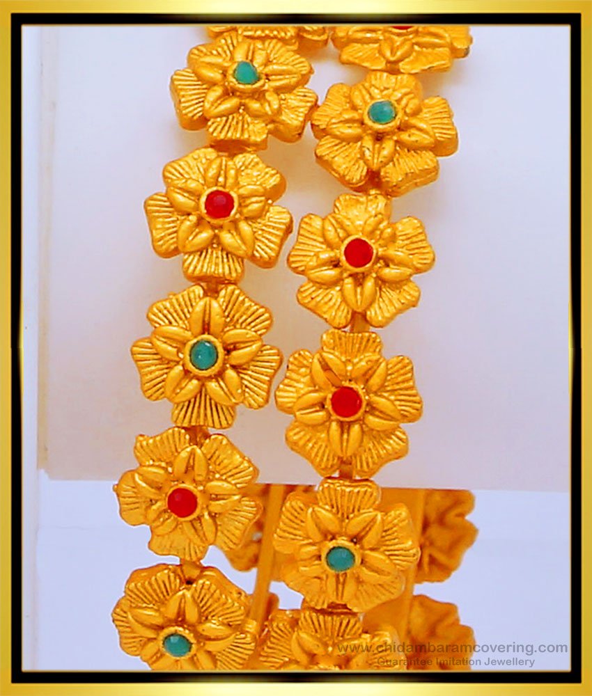 BNG434 -2.8 Size Unique Flower Design Green and Pink Stone Party Wear Temple Bangles Set Online  