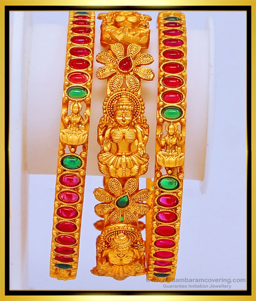 BNG435 -2.8 Size Premium Quality Real Kemp Stone Temple Lakshmi Bangles Nagas Wedding Set 