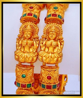 BNG437 -2.6 Size First Quality Nagas Temple Jewellery Kemp Stone Lakshmi Bangles Set for Wedding