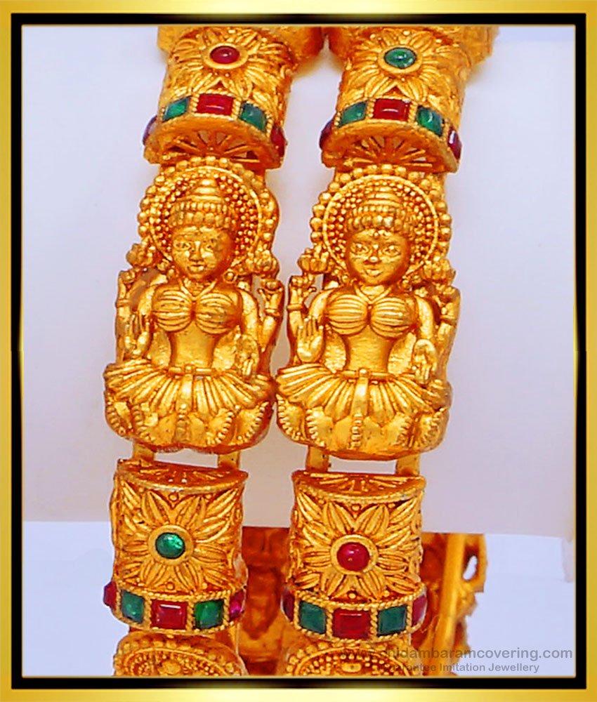 BNG437 -2.6 Size First Quality Nagas Temple Jewellery Kemp Stone Lakshmi Bangles Set for Wedding
