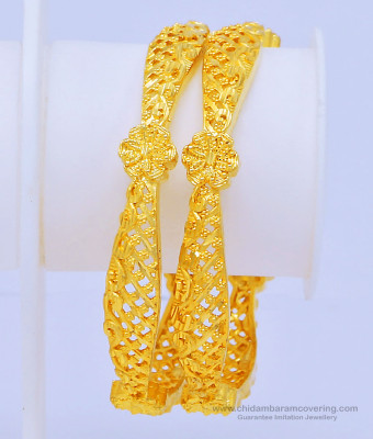 BNG445 - 2.6 Size Beautiful Real Gold Pattern Plain Flower Design Gold Forming Bangles for Women 