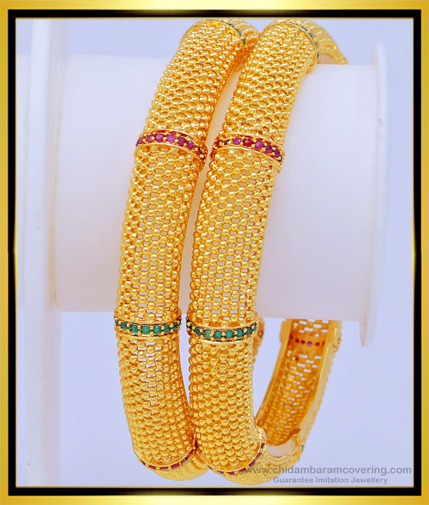 BNG463 - 2.6 Size Latest Bangles Designs First Quality Ruby Emerald One Gram Gold Wedding Bangles 