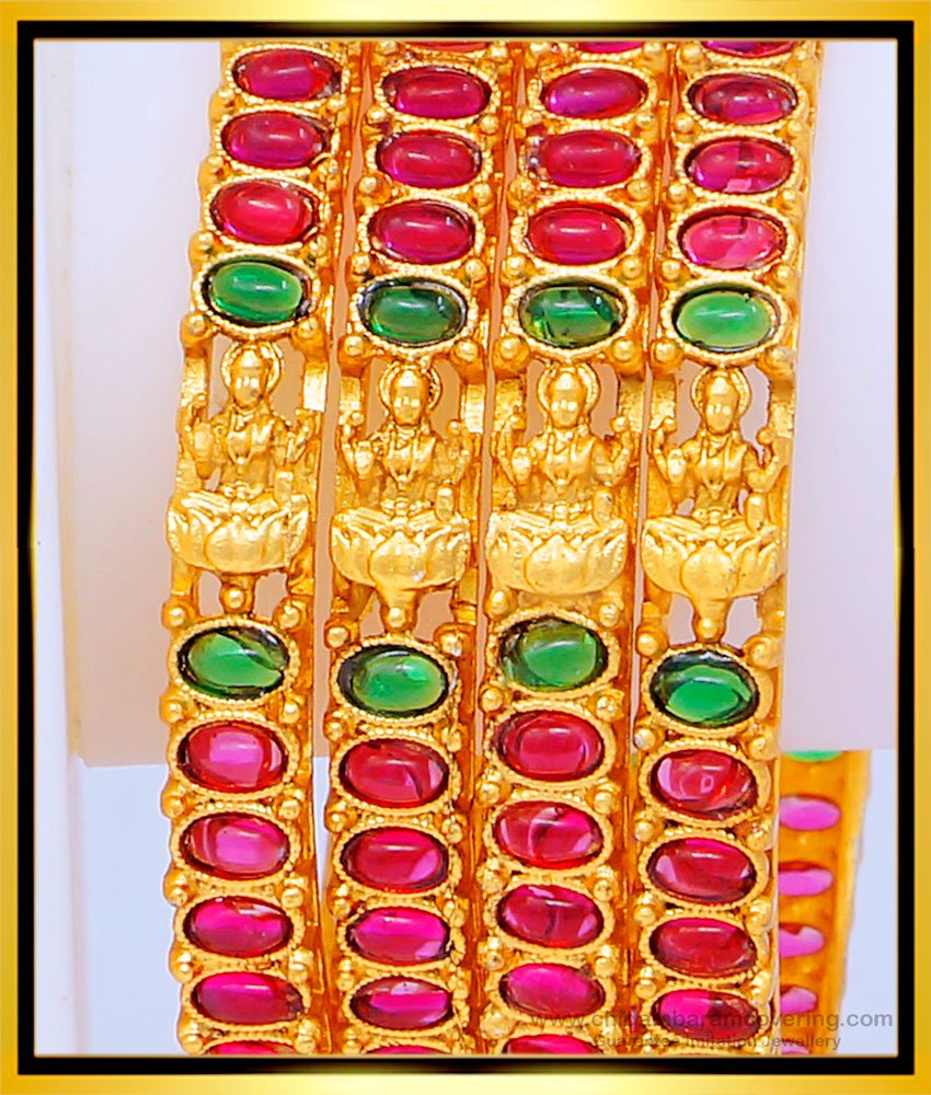 BNG466 -2.6 Size Attractive Bridal Wear Temple Jewellery Lakshmi Kemp Stone Bangles Set 4 Bangles Online