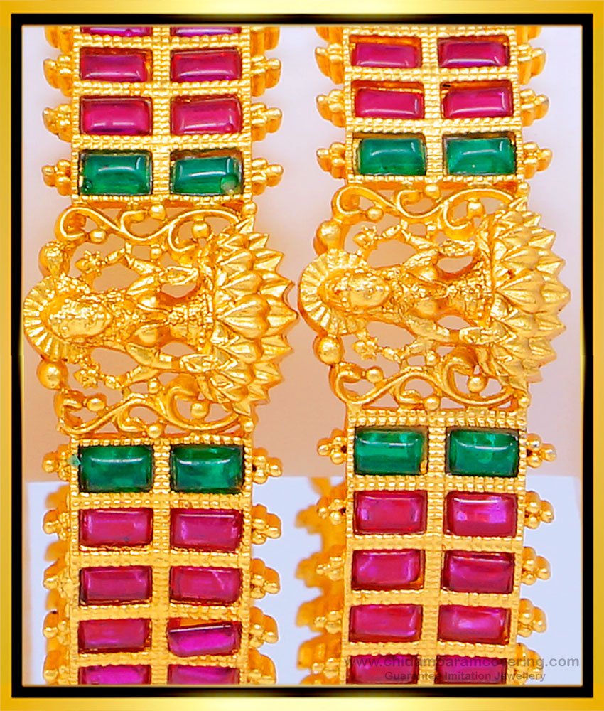 BNG467 -2.68 Size Traditional Temple Jewellery Kemp Stone Lakshmi Design Temple Bangles for Wedding  