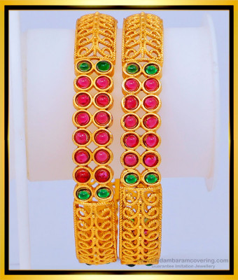 BNG468 -2.6 Size Unique Green and Pink Stone Party Wear Temple Bangles for Women   