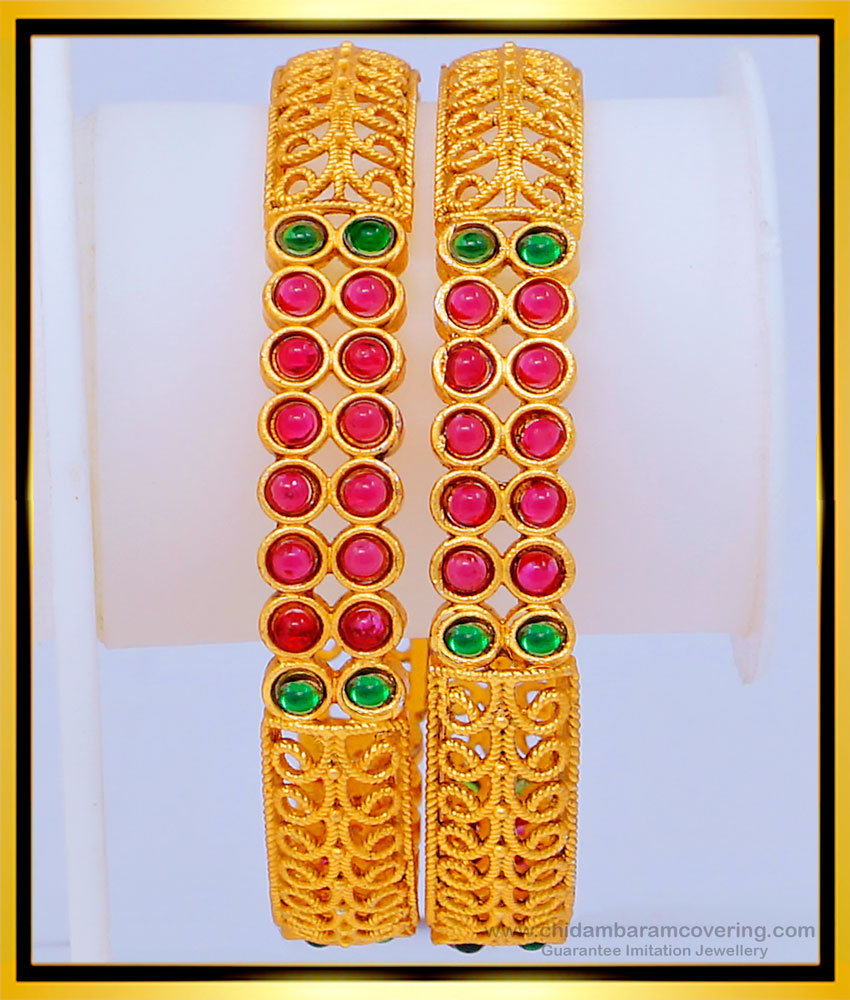 BNG468 -2.8 Size Unique Green and Pink Stone Party Wear Temple Bangles for Women   