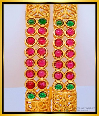 BNG468 -2.6 Size Unique Green and Pink Stone Party Wear Temple Bangles for Women   
