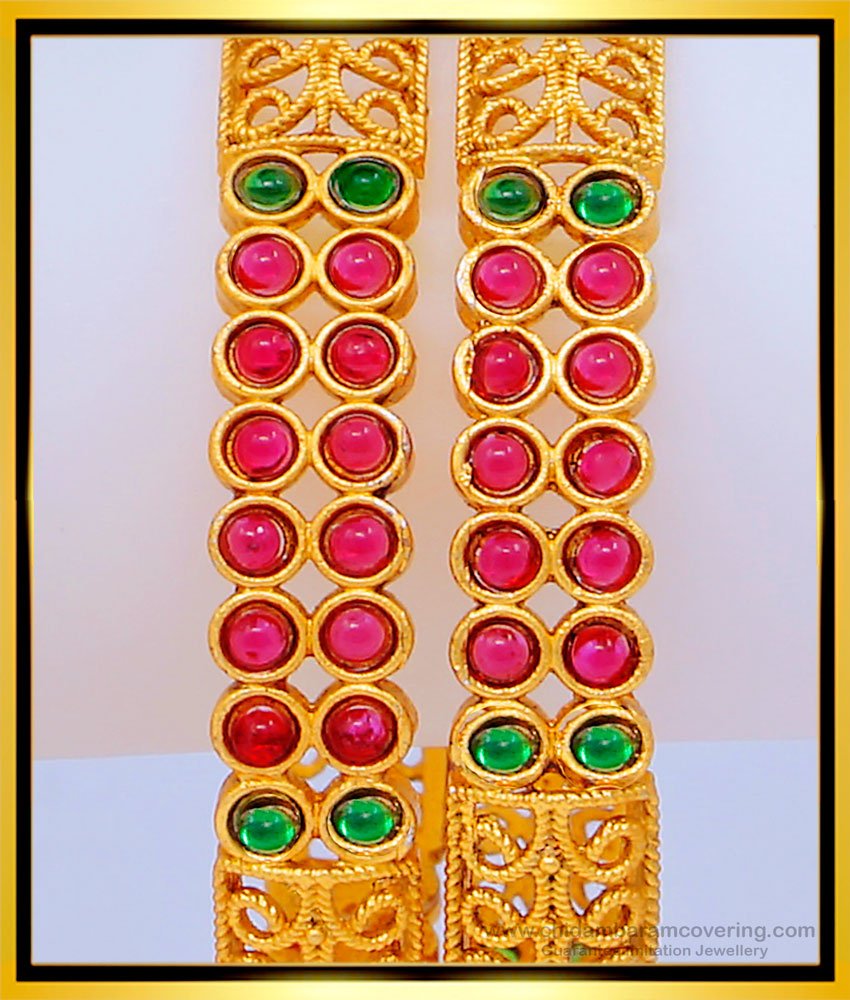 BNG468 -2.8 Size Unique Green and Pink Stone Party Wear Temple Bangles for Women   