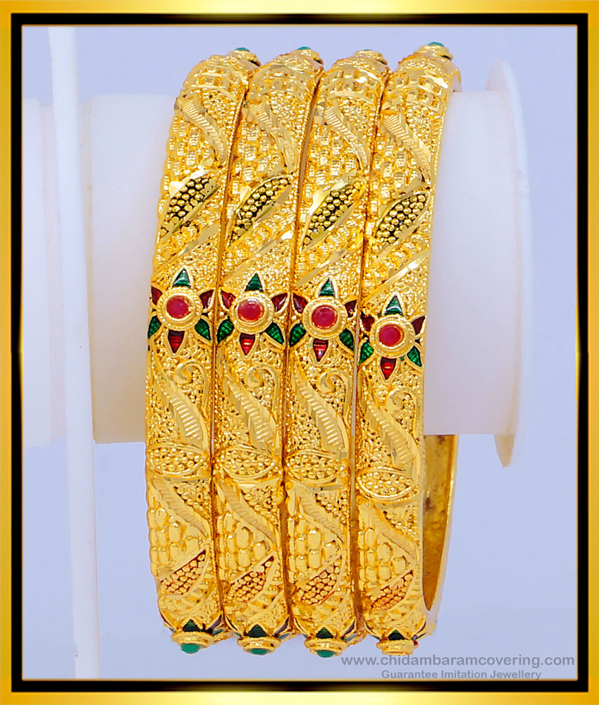 BNG475 - 2.8 Size New Model One Gram Gold Forming Gold Stone Bangles Indian Wedding Bangles Set