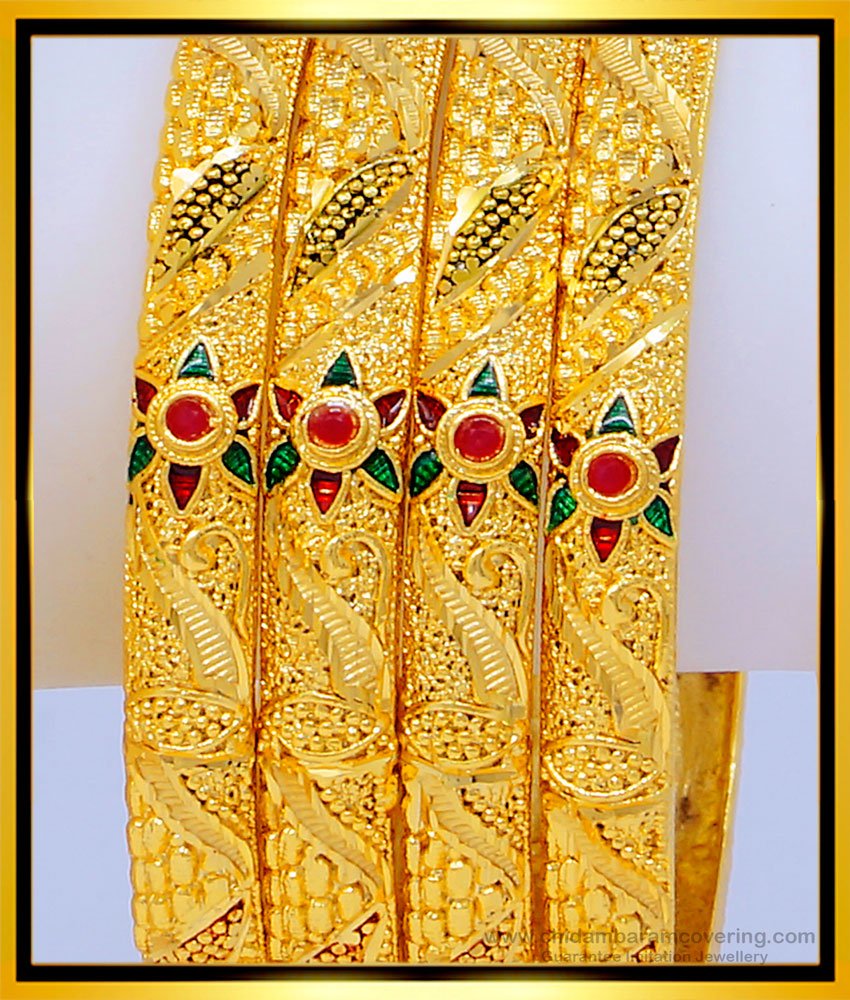 BNG475 - 2.8 Size New Model One Gram Gold Forming Gold Stone Bangles Indian Wedding Bangles Set