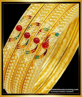 BNG511 - 2.8 Size Buy Bridal Wear Hand Red Stone Gold Forming Bangles 4 Pieces Set Best Price