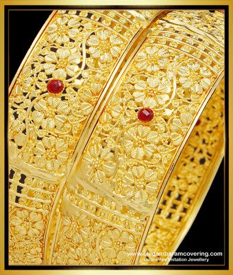BNG512 - 2.10 Size Beautiful Ruby Stone Flower Design South Indian Kada Bangles for Wedding 