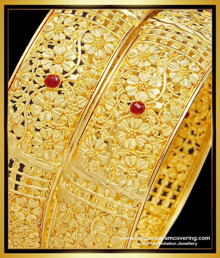 BNG512 - 2.10 Size Beautiful Ruby Stone Flower Design South Indian Kada Bangles for Wedding 
