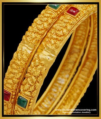 BNG517 -2.6 Size Temple Jewellery Red and Green Stone Bangles Design for Women