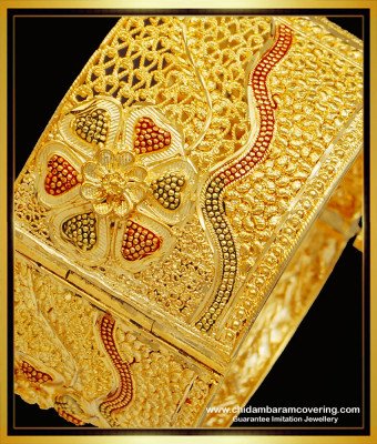 BNG527 -2.6 Size Bridal Wear Forming Gold Enamel Flower Design Screw Kada Wide Bangle Online 