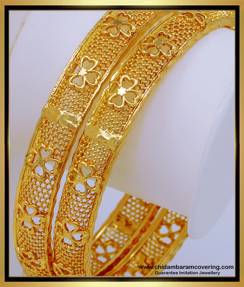 BNG548 - 2.10 Size Latest Collection Gold Plated Flower Pattern Gold Bangles Design Online