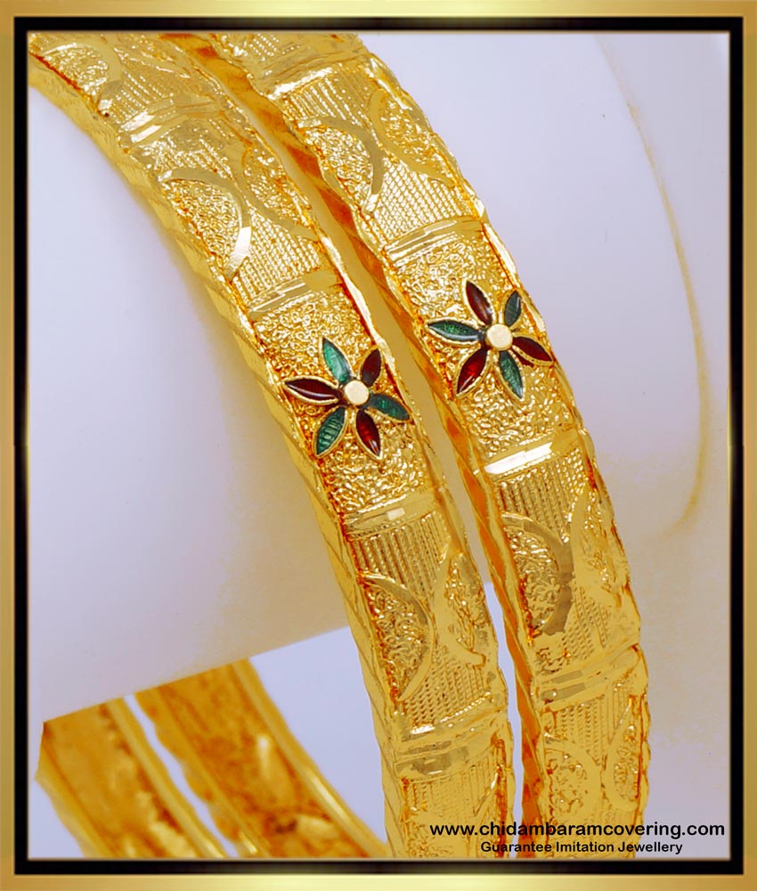 BNG566 - 2.8 Size Latest Flower Design One Gram Gold Plated Bangles Online Shopping 