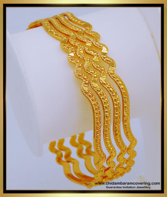 Bng569 - 2.10 Size One Gram Gold Light Weight Daily Wear Curvy Shape Bangles Set 