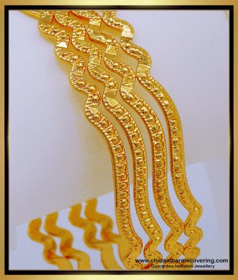 Bng569 - 2.10 Size One Gram Gold Light Weight Daily Wear Curvy Shape Bangles Set 