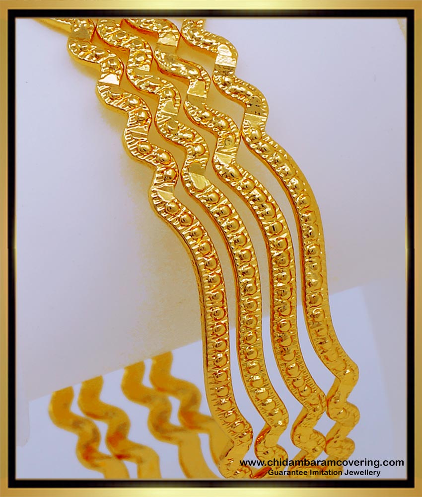 Bng569 - 2.6 Size One Gram Gold Light Weight Daily Wear Curvy Shape Bangles Set 