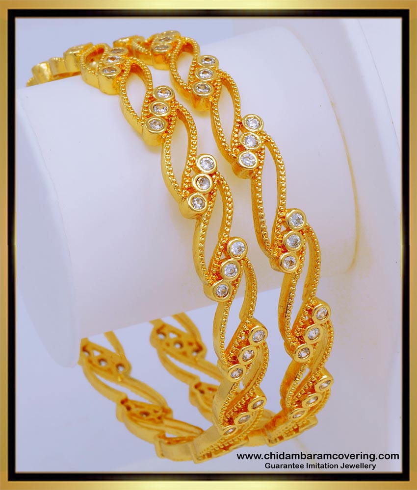 BNG574 - 2.10 Size Gold Bangles Design 1 Gram Gold Plated White Stone Bangles for Women 
