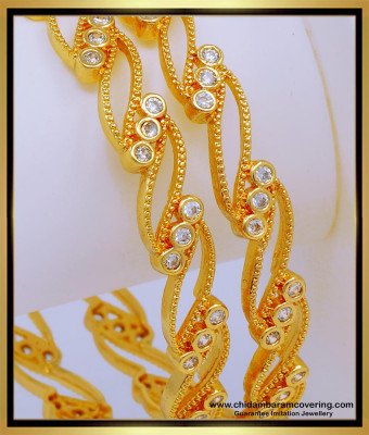 BNG574 - 2.10 Size Gold Bangles Design 1 Gram Gold Plated White Stone Bangles for Women 