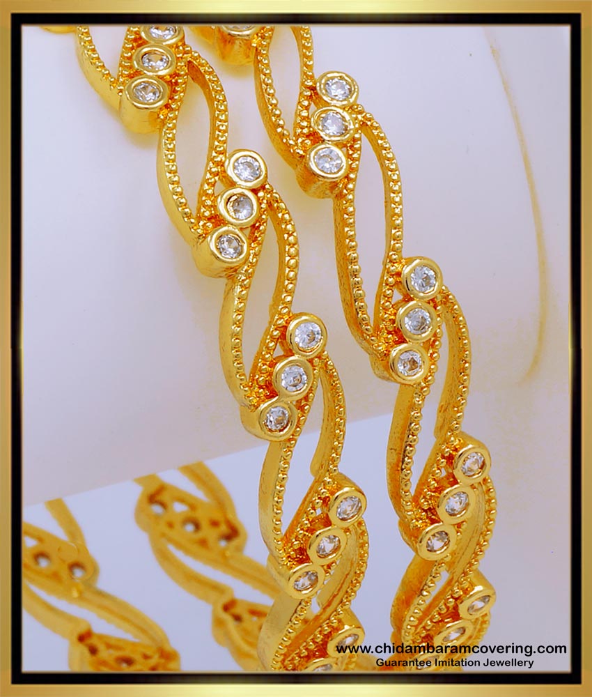 BNG574 - 2.10 Size Gold Bangles Design 1 Gram Gold Plated White Stone Bangles for Women 