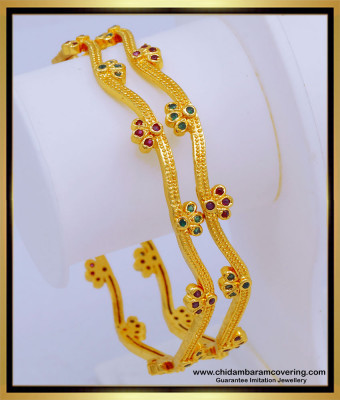 BNG575 - 2.10 Size New Model One Gram Gold Ruby Emerald Stone Bangles Design for Women 