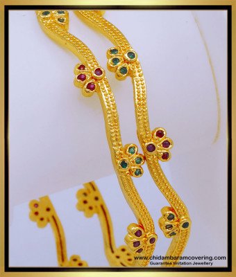 BNG575 - 2.10 Size New Model One Gram Gold Ruby Emerald Stone Bangles Design for Women 