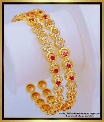 BNG576 - 2.8 Size Elegant Bridal Wear White and Ruby Full Stone Bangles Imitation Jewelry