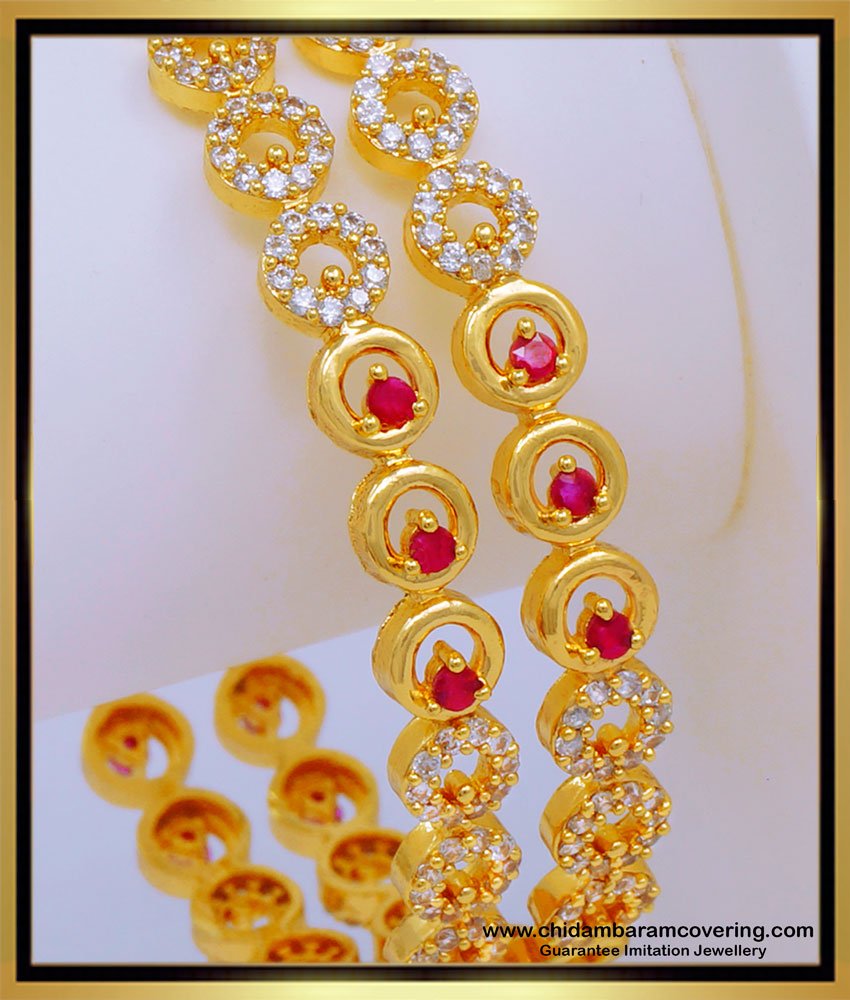 BNG576 - 2.8 Size Elegant Bridal Wear White and Ruby Full Stone Bangles Imitation Jewelry
