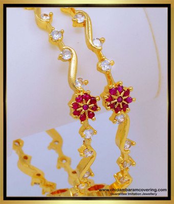 BNG577 - 2.10 Size Beautiful Flower Design White and Ruby Full Stone Bangles for Women 