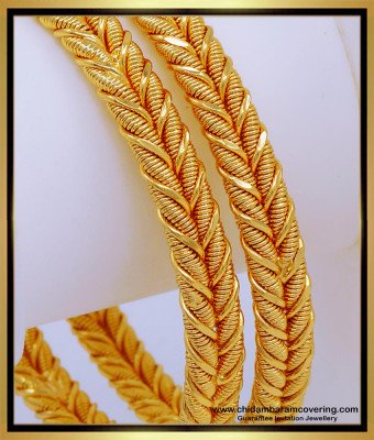 BNG580 - 2.4 Size Traditional South Indian Gold Plated Leaf Design Solid Bangles for Women 