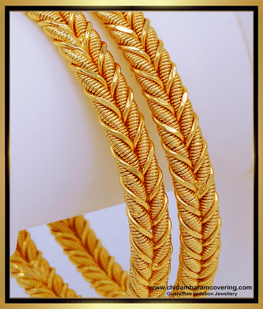 BNG580 - 2.4 Size Traditional South Indian Gold Plated Leaf Design Solid Bangles for Women 
