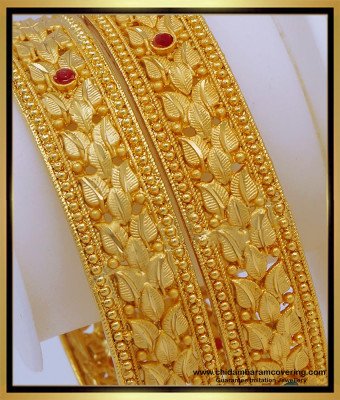 BNG592 - 2.6 Size One Gram Forming Gold Leaf Design Red and Green Stone Bangles Design Online