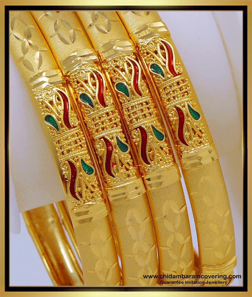 BNG593 - 2.6 Size Gold Look Enamel Forming Gold Wedding Bangles Set for Women 