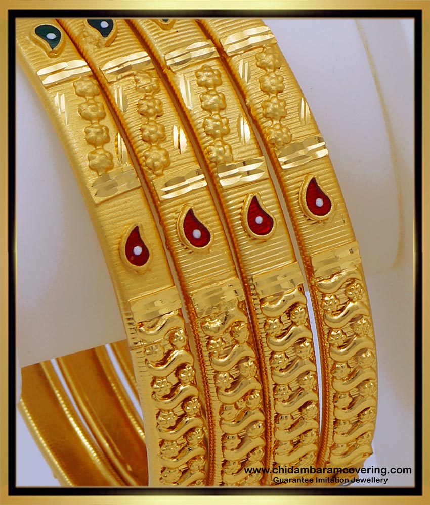 BNG594 - 2.8 Size Good Quality Forming Gold Bridal Wear Enamel 4 Bangles Set for Wedding 