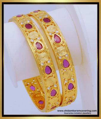 BNG596 - 2.6 Size South Indian Jewelry One Gram Gold Ruby Bangles Design for Women 