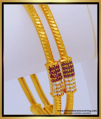 BNG598 - 2.8 Size Beautiful Simple Look One Gram Gold White and Ruby Stone Bangles Designs