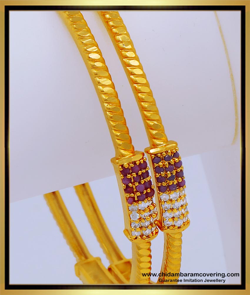 BNG598 - 2.8 Size Beautiful Simple Look One Gram Gold White and Ruby Stone Bangles Designs