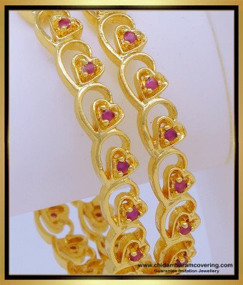 BNG603 - 2.4 Size Latest Gold Plated Broad Ruby Stone Heart Design Wedding Bangles Designs