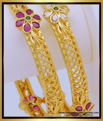 BNG604 - 2.4 Size Beautiful New Model White and Ruby Stone Flower Design Thick Gold Bangles