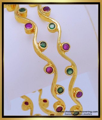 BNG605 - 2.4 Size Unique One Gram Gold Ruby Emerald Stone Thin Curvy Bangles for Girls