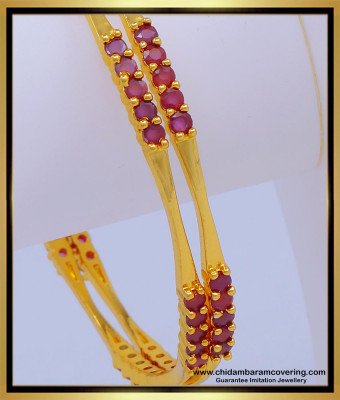 BNG606 - 2.6 Size Simple Light Weight Ruby Stone Gold Covering Party Wear Bangles Online