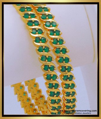 BNG607 - 2.6 Size Elegant Green Stone Emerald Bangles Gold Designs for Women  