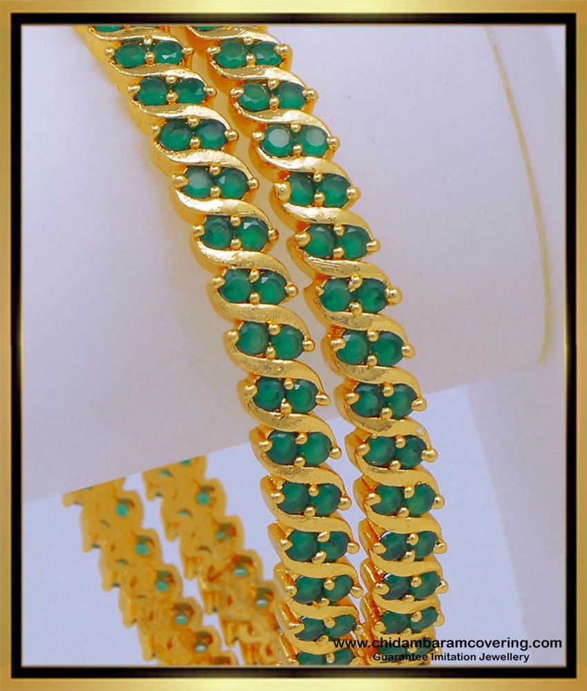 BNG607 - 2.6 Size Elegant Green Stone Emerald Bangles Gold Designs for Women  