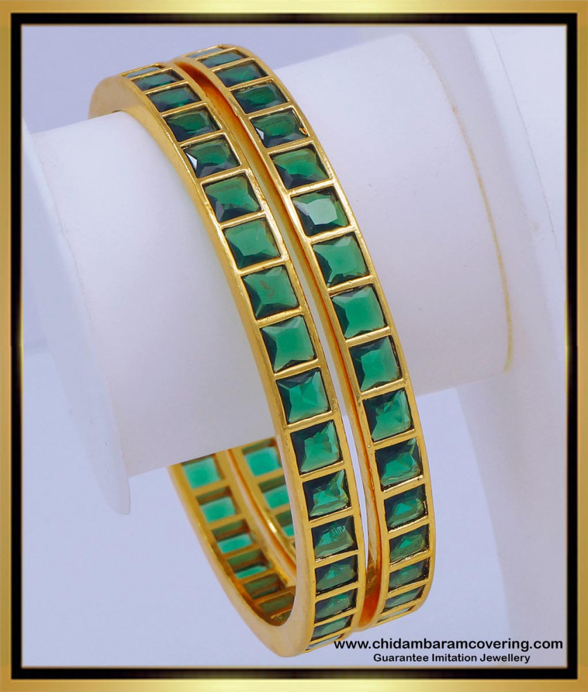 BNG609 - 2.8 Size Precious Impon Green Emerald Gold Bangles Designs for Women