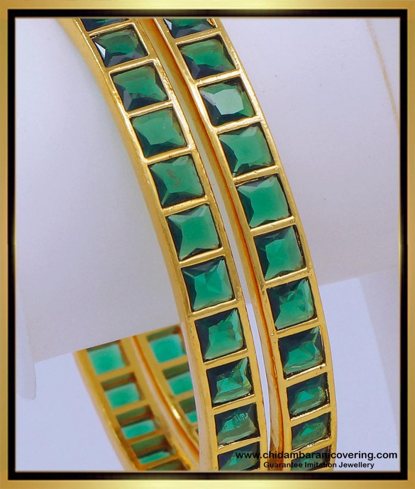 BNG609 - 2.8 Size Precious Impon Green Emerald Gold Bangles Designs for Women