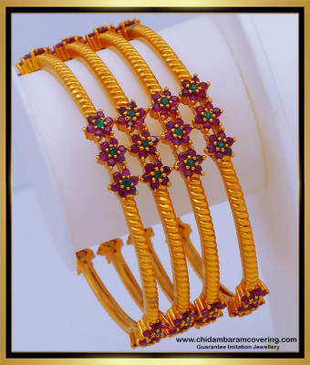 BNG616 -2.6 Size Premium Quality Flower Design Ruby Stone Modern Antique Gold Bangles Set 