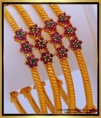 BNG616 -2.6 Size Premium Quality Flower Design Ruby Stone Modern Antique Gold Bangles Set 